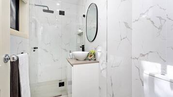 Shower, hair dryer, towels, soap