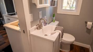 Hair dryer, towels, soap, shampoo