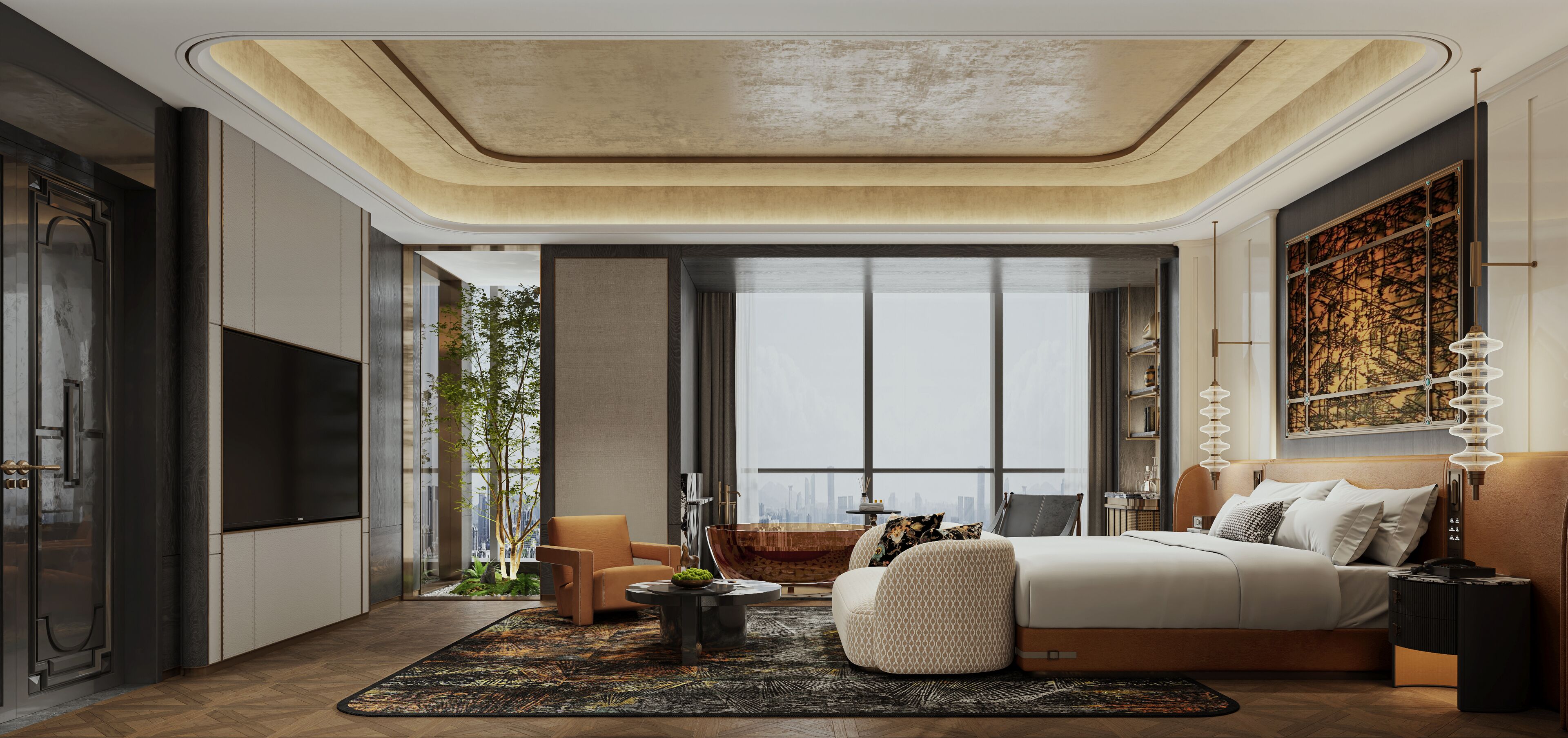 A modern bedroom with a large bed, a sofa, a coffee table, and a TV.