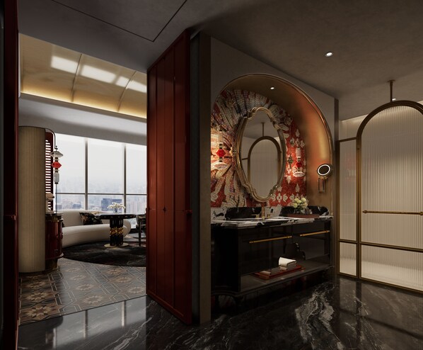 Glowing Colors Bathtub King Room | Bathroom | Deep-soaking bathtub, rainfall showerhead, designer toiletries - Mehood Elegant Hotel Panyu Chimelong Wanbo (Guangzhou)