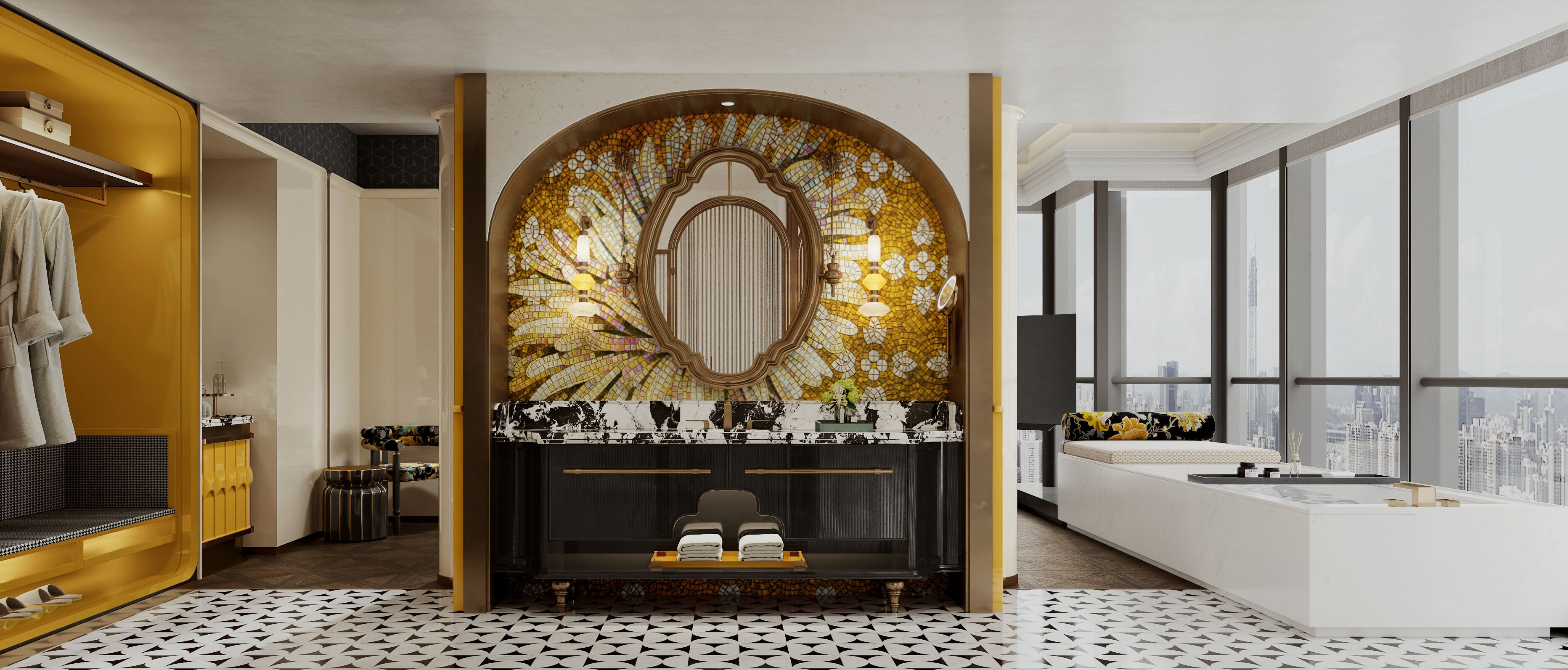 270° Panoramic King Room | Bathroom | Deep soaking tub, rainfall showerhead, designer toiletries, hair dryer