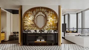 270° Panoramic King Room | Bathroom | Deep soaking tub, rainfall showerhead, designer toiletries, hair dryer