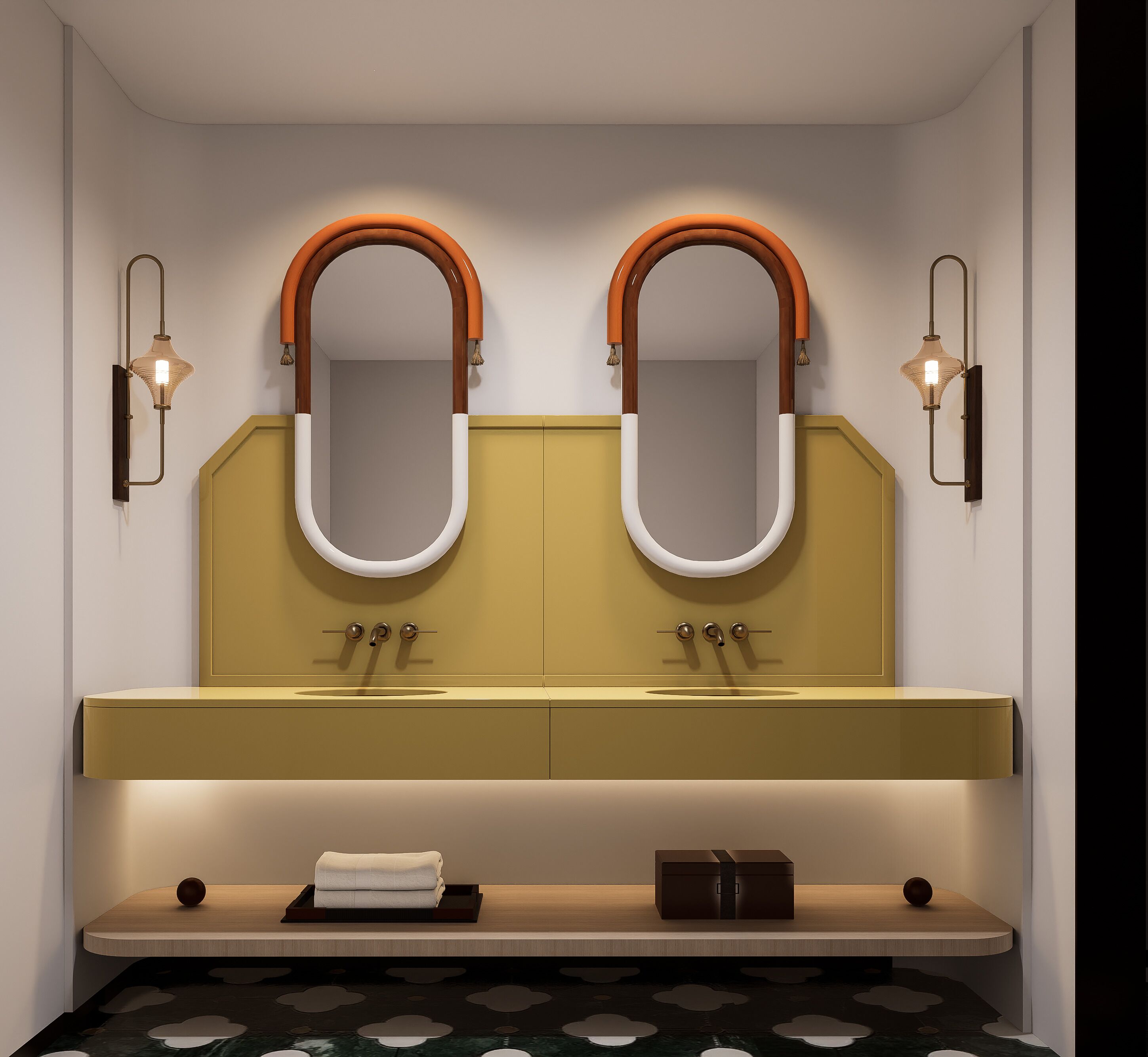 A bathroom with two mirrors, a sink, and a towel rack.