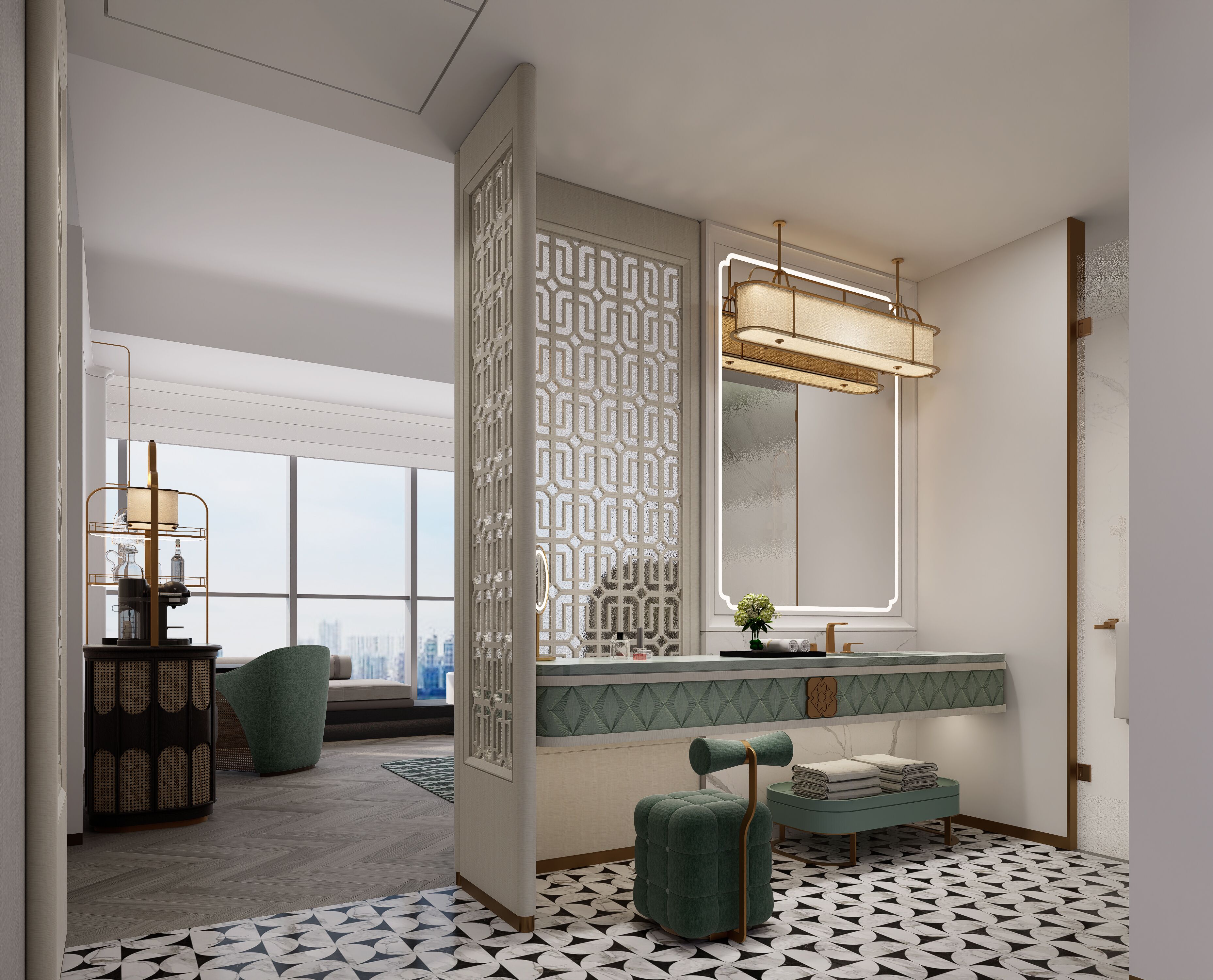 Un baño moderno con un espejo grande, un banco verde y un suelo estampado.