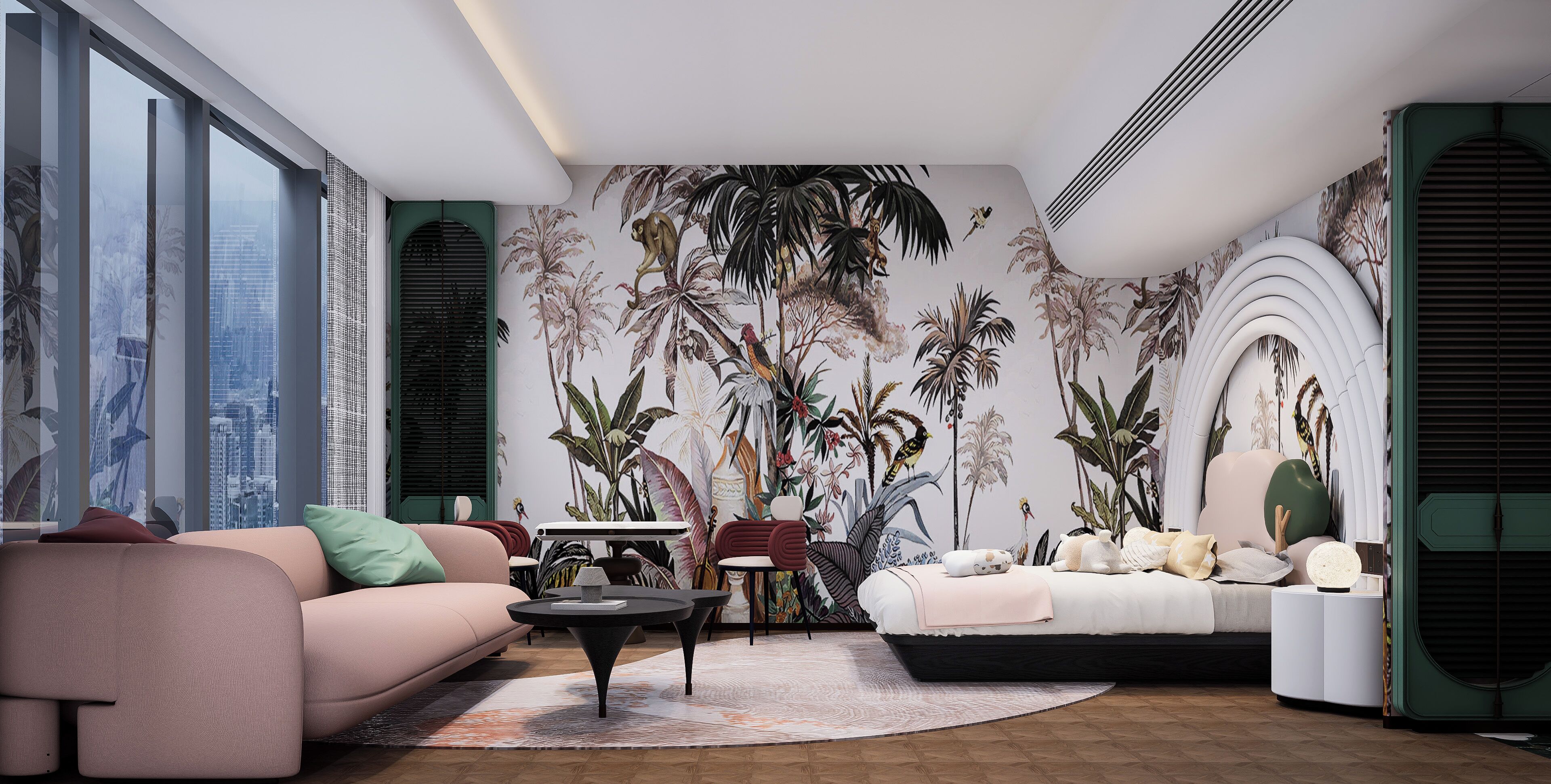 Una sala de estar moderna con un ventanal grande, un sofá, una mesa de centro y un mural de plantas tropicales.