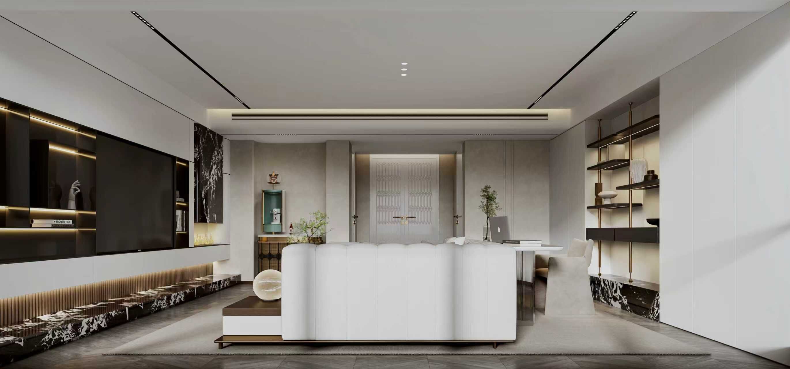 A modern living room with a white sofa, a coffee table, and a TV on the left. There is a bookshelf on the right and a door in the center.
