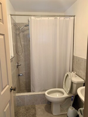 Shower, towels, soap, toilet paper