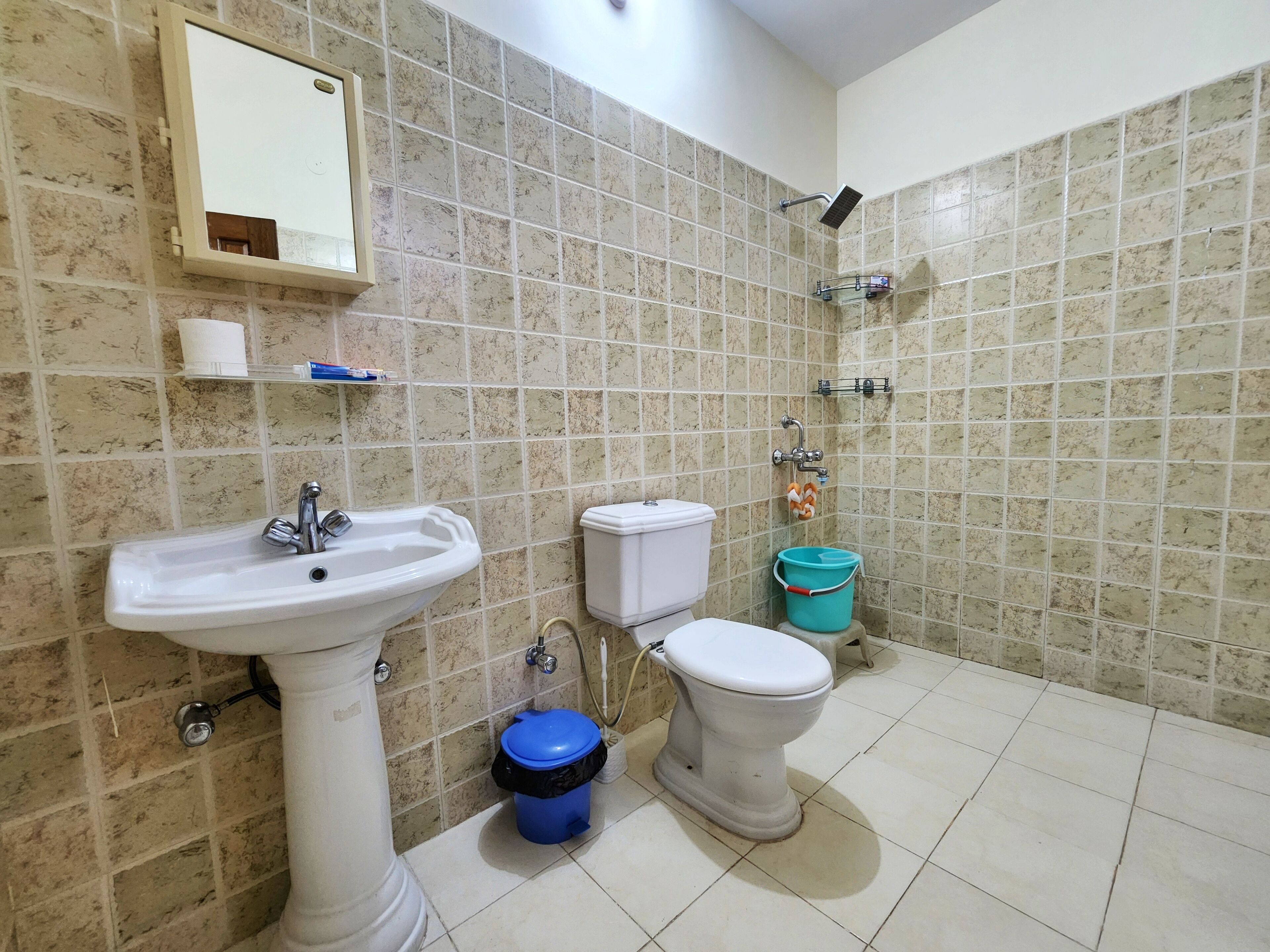 A bathroom with a pedestal sink, toilet, and a shower. There is a blue bucket and a roll of toilet paper on the wall.
