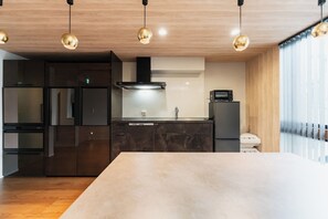 Fridge, microwave, cookware/dishes/utensils