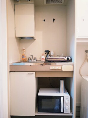 Fridge, microwave, cookware/dishes/utensils