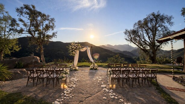 Una ceremonia de boda al aire libre con un sendero de piedra, sillas de madera y decoraciones florales, con montañas al fondo.