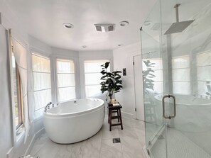 Shower, jetted tub, hair dryer, towels