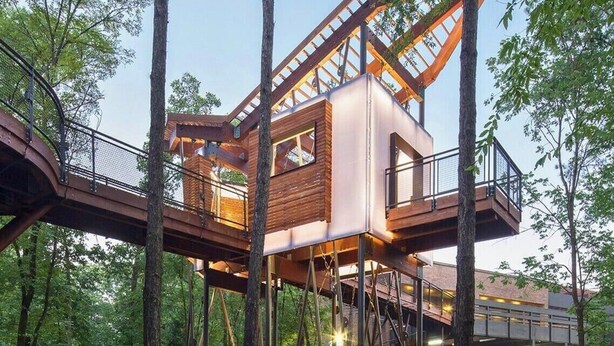 A treehouse with a wooden exterior, metal railings, and a glass window. - Side-by-Side Lake Hamilton Homes w/Dock, Pool (Hot Springs)