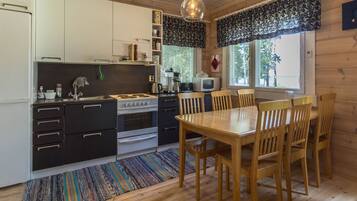 Fridge, microwave, cookware/dishes/utensils