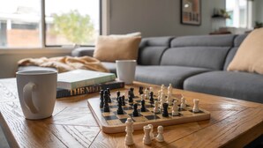A chessboard on a wooden table with a white mug and books in a living room with a grey sofa and a window.