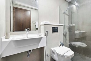 Shower, hair dryer, towels