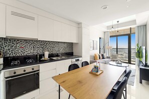 Fridge, microwave, oven, stovetop