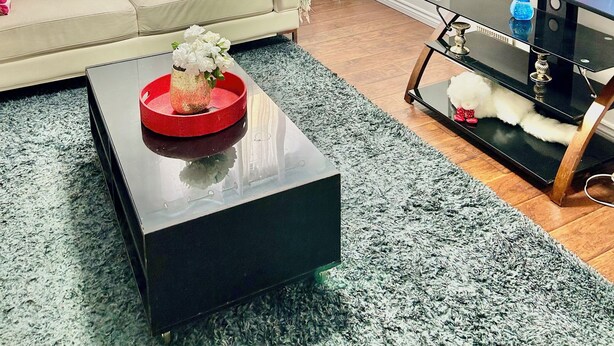 Ein Wohnzimmer mit einem beigefarbenen Sofa, einem schwarzen Couchtisch mit einem roten Tablett, einem Fernseher auf einem schwarzen Schrank und einer dekorativen Wandarbeit.