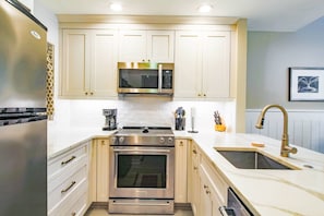 Fridge, microwave, dishwasher, coffee/tea maker
