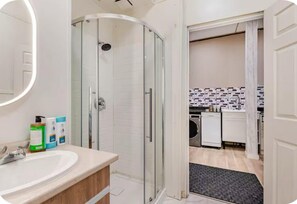 Hair dryer, towels, soap, toilet paper