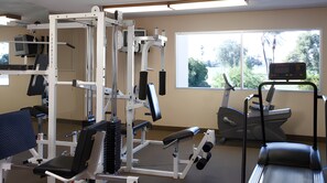 Ein Fitnessstudio mit unterschiedlichen Trainingsgeräten, einem Laufband und einem großen Fenster mit Blick auf Bäume.