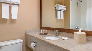 Hair dryer, towels, soap, shampoo