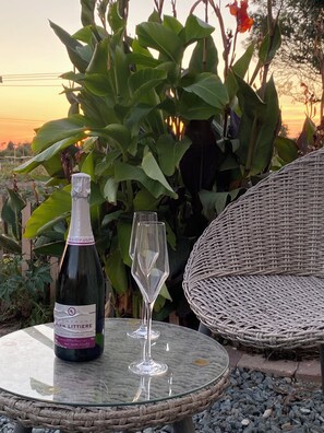 Een fles champagne en een leeg glas op een ronde glazen tafel buiten, met een rieten stoel en grote groene planten op de achtergrond.