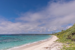 A beach with clear turquoise waters, a sandy shore, and a line of greenery. - HOTEL WADRA BAY (Lifou)