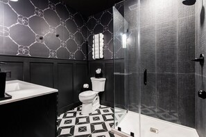 Shower, eco-friendly toiletries, hair dryer, towels