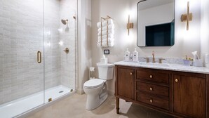 A modern bathroom with a glass shower enclosure, a white toilet, a wooden vanity with a marble countertop, and a large mirror above the sink. - Hollyhock Suite 504: 1 bed/1 bath (Louisville)