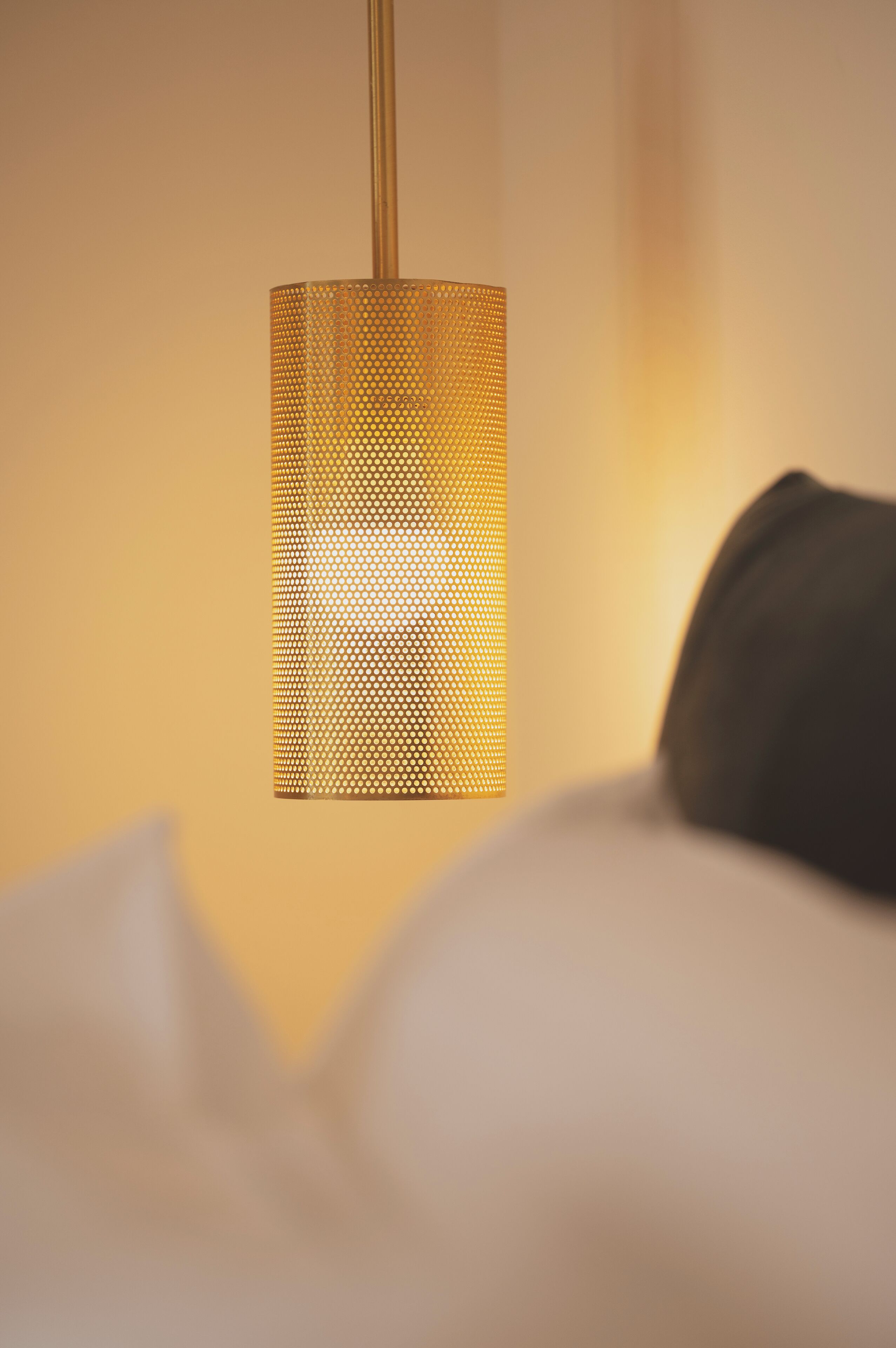 A hanging pendant light fixture with a perforated design.