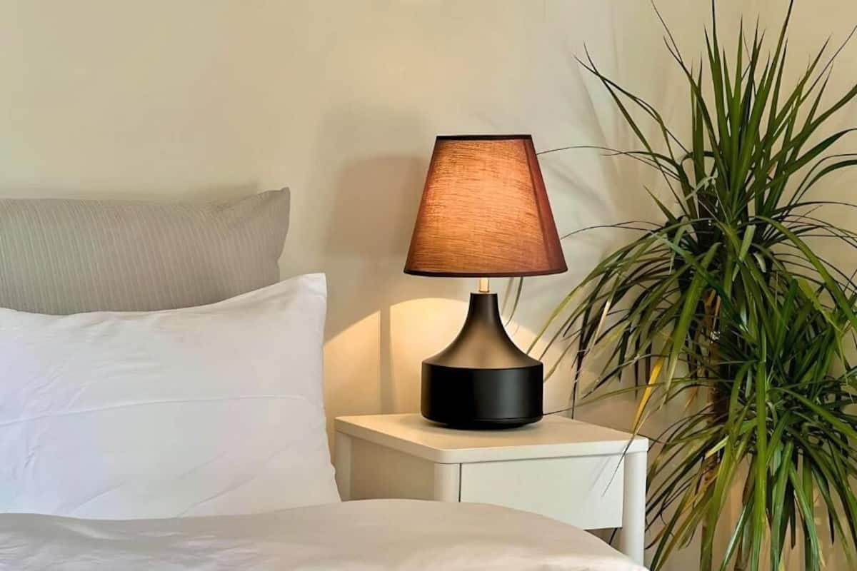 Una cama con sábanas blancas, una lámpara de mesa negra con pantalla marrón y una planta verde al lado de una mesita de noche blanca.