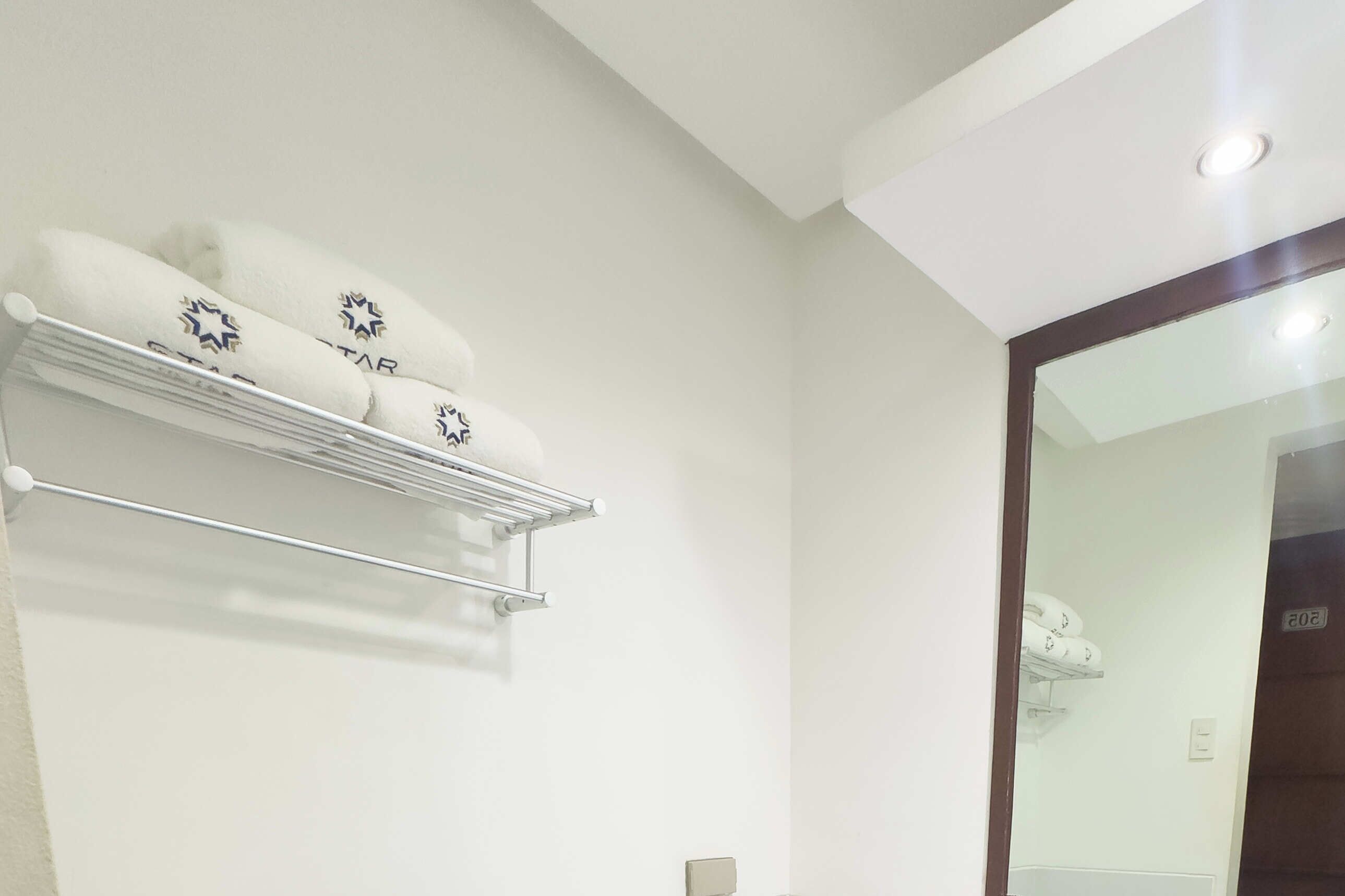 A bathroom with a towel rack holding three towels, a mirror, and a door with a number '202' visible.