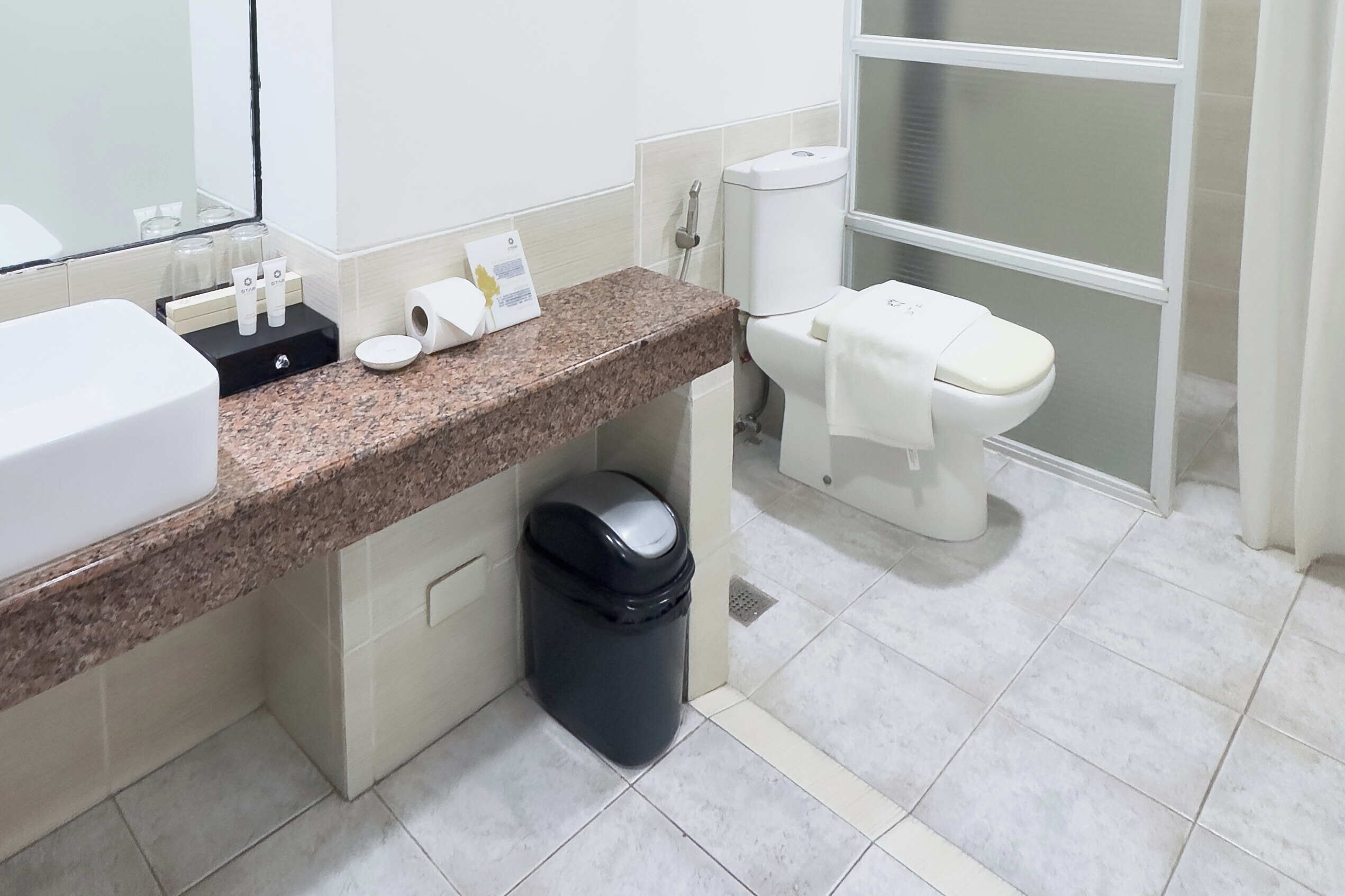 Ein modernes Badezimmer mit einer Granit-Arbeitsplatte, einem weißen Waschbecken, einer Toilette und einem Mülleimer.