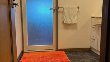 Shower, hair dryer, bidet, towels