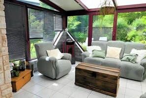 Smart TV, fireplace, books, stereo