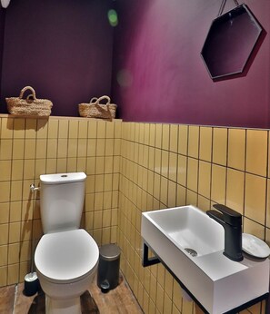Hair dryer, towels, soap, toilet paper