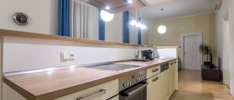 Deluxe Apartment | Private kitchen | Fridge, microwave, oven, stovetop