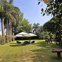 Um jardim bem cuidado com gramado, área de estar externa e palmeiras.