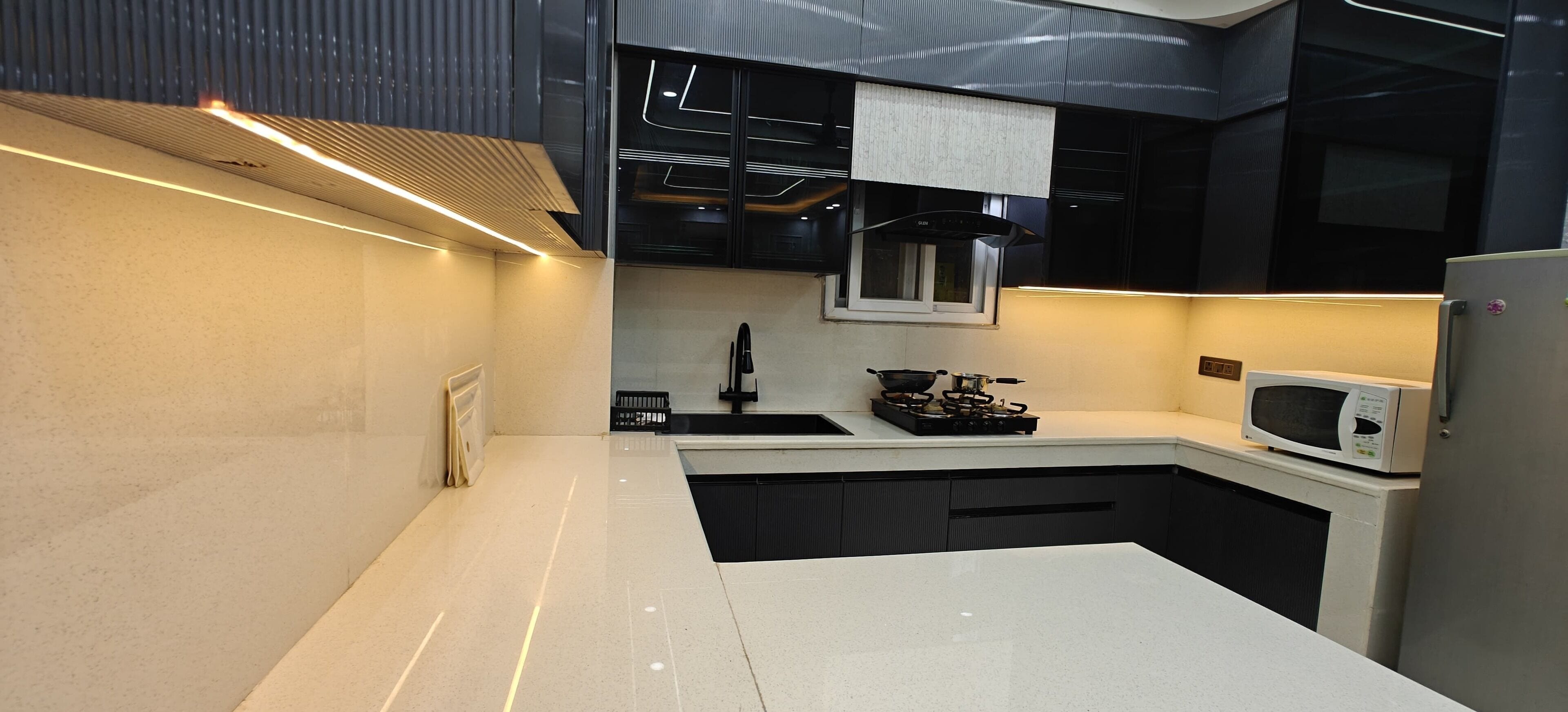 Fridge, microwave, oven, dining tables