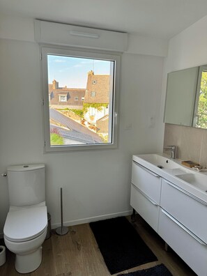 Douche, sèche-cheveux, serviettes fournies, savon