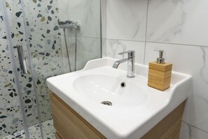 Shower, hair dryer, soap