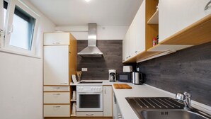 A compact kitchen with a built-in oven, microwave, and stainless steel sink. - Apartment 'Ferienwohnung Steffi' with Private Terrace and Wi-Fi (Laichingen)