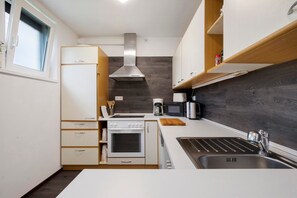 Fridge, microwave, oven, stovetop - Holiday Apartment 'Ferienwohnung Steffi' with Private Terrace and Wi-Fi (Laichingen)