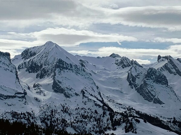 A snow-covered mountain range with rugged peaks and dense forest at the base.