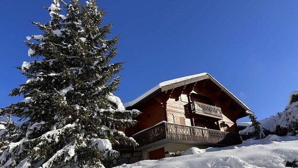 Una cabaña de madera con balcón, rodeada de árboles cubiertos de nieve.