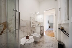 Shower, bidet, towels, toilet paper
