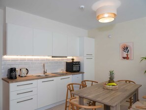 Fridge, microwave, coffee/tea maker, toaster