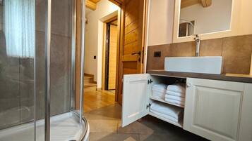 Shower, hair dryer, bidet, towels
