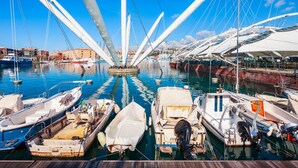 Un port de plaisance avec des bateaux amarrés, un ciel dégagé et des bâtiments en arrière-plan.
